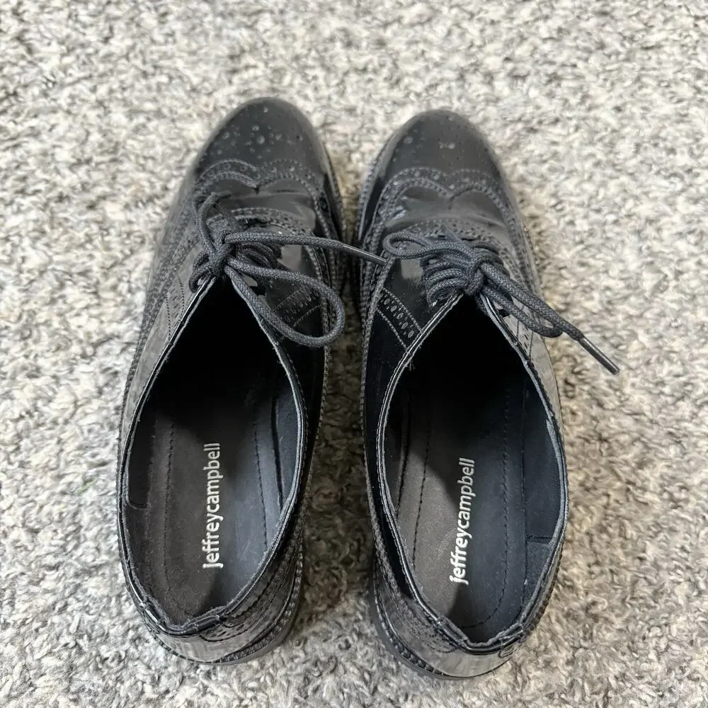 Jeffery Campbell Lace Up Oxford Loafers Shoe 7.5 Black Patent Leather Wingtips